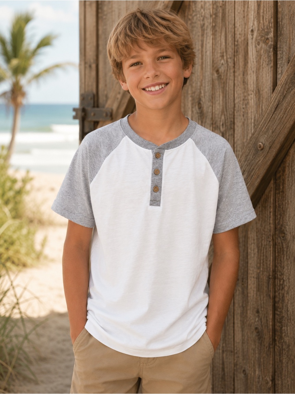 Tommy Bahama Boys Medium Gray White Raglan Henley Shirt Coastal Beach Tee M